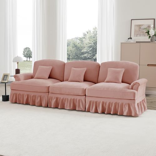 Canapé 3 Places Rose Mid-century En Chenille Avec Volant Amovible