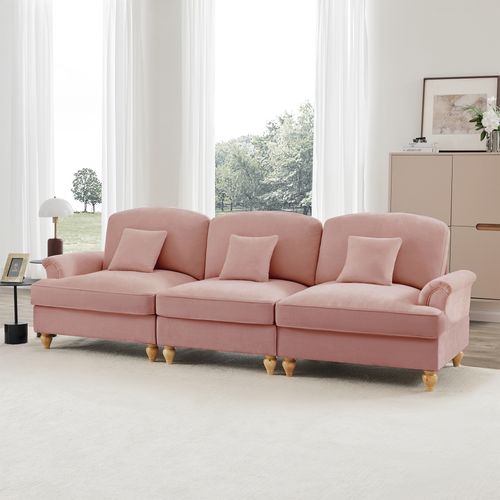 Canapé 3 Places Rose Mid-century En Chenille Avec Volant Amovible