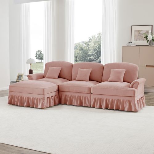 Canapé Modulable 3 Places Rose Mid-century En Chenille Avec Hocker