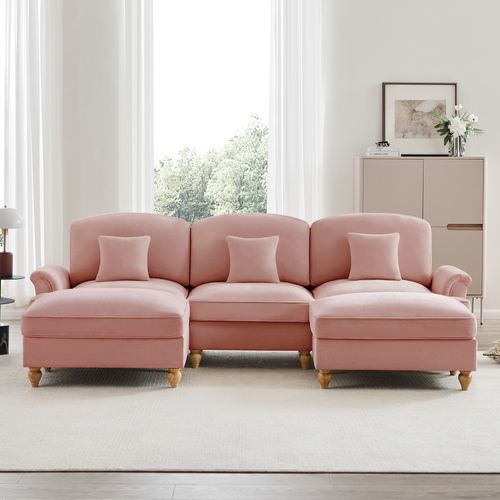 Canapé Modulable U En Chenille Rose Avec Hocker Et Volant Amovible