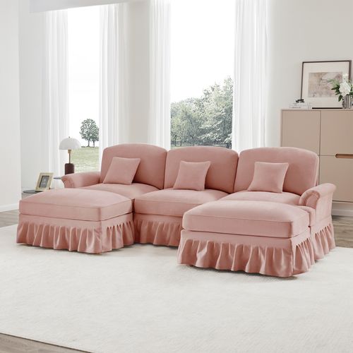 Canapé Modulable U En Chenille Rose Avec Hocker Et Volant Amovible