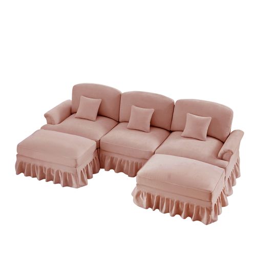 Canapé Modulable U En Chenille Rose Avec Hocker Et Volant Amovible