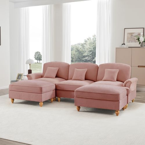 Canapé Modulable U En Chenille Rose Avec Hocker Et Volant Amovible