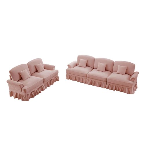 Canapé Modulable 2 Pièces Rose En Chenille – 3 Et 2 Places Avec Volant Amovible