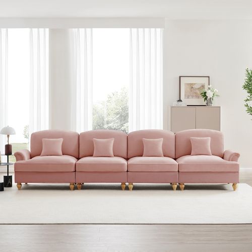 Grand Canapé 4 Places Rose En Chenille – Style Mid-century Avec Volant Amovible