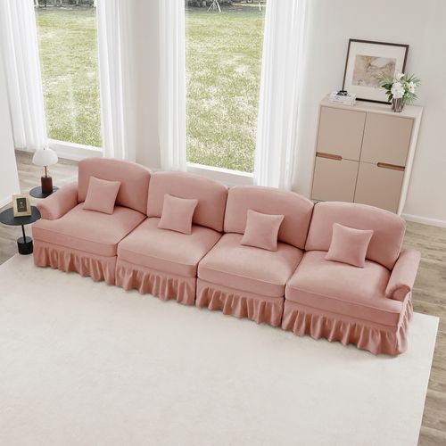 Grand Canapé 4 Places Rose En Chenille – Style Mid-century Avec Volant Amovible