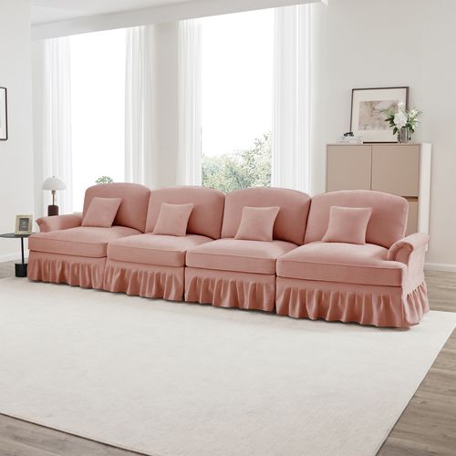 Grand Canapé 4 Places Rose En Chenille – Style Mid-century Avec Volant Amovible