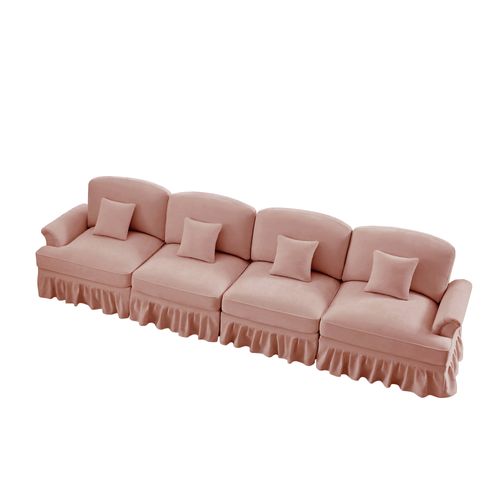Grand Canapé 4 Places Rose En Chenille – Style Mid-century Avec Volant Amovible