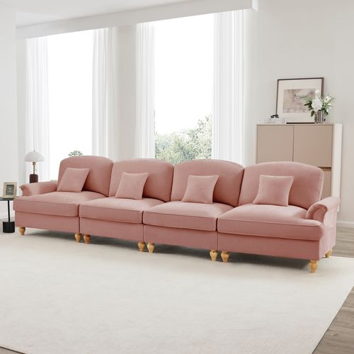 Grand Canapé 4 Places Rose En Chenille – Style Mid-century Avec Volant Amovible