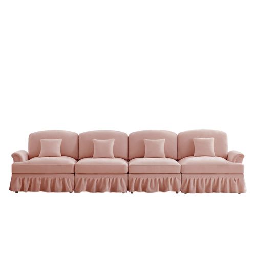 Grand Canapé 4 Places Rose En Chenille – Style Mid-century Avec Volant Amovible