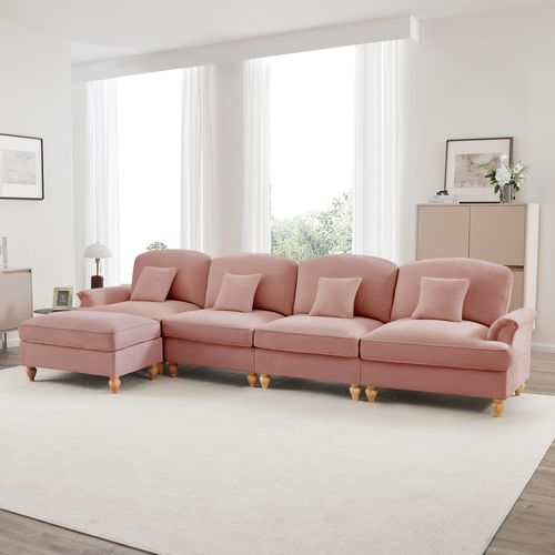 Canapé D’angle Modulable 4 Places Rose En Chenille Avec Volant Amovible