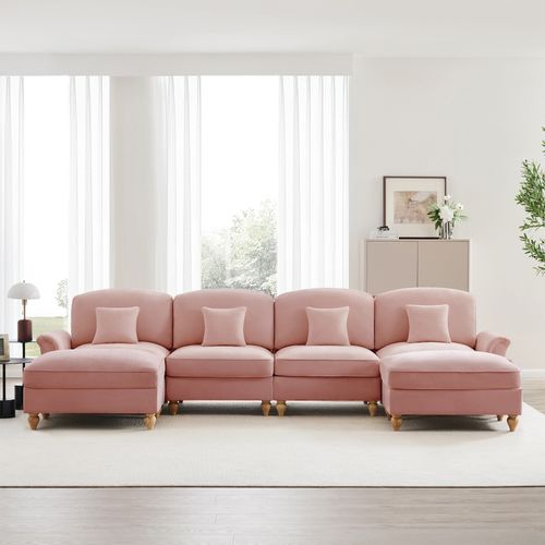 Canapé Modulable En U 4 Places Rose En Chenille Avec Volant Amovible