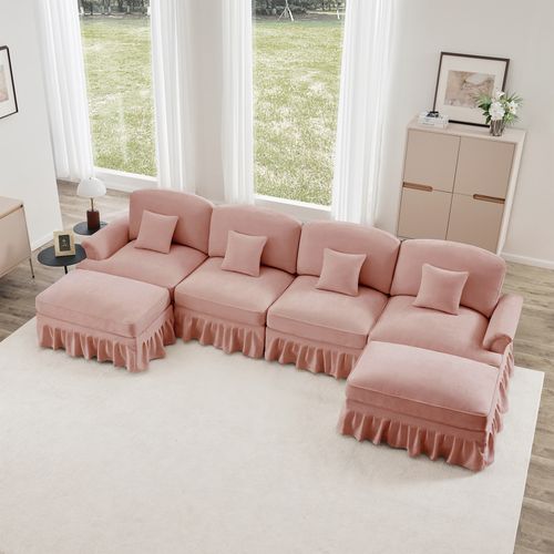 Canapé Modulable En U 4 Places Rose En Chenille Avec Volant Amovible