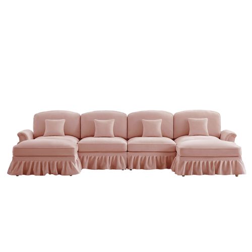 Canapé Modulable En U 4 Places Rose En Chenille Avec Volant Amovible