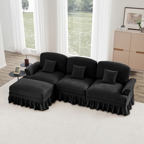 Canapé Modulable 3 Places Noir Mid-century En Chenille Avec Hocker