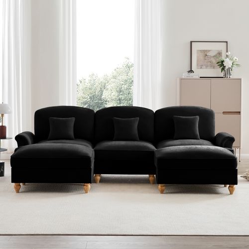 Canapé Modulable U Noir En Chenille Avec Volant Amovible Et Hocker
