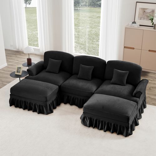 Canapé Modulable U Noir En Chenille Avec Volant Amovible Et Hocker