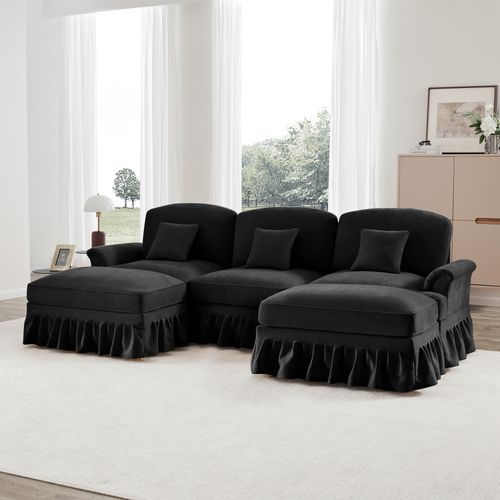 Canapé Modulable U Noir En Chenille Avec Volant Amovible Et Hocker