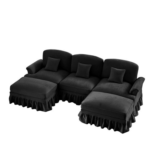 Canapé Modulable U Noir En Chenille Avec Volant Amovible Et Hocker