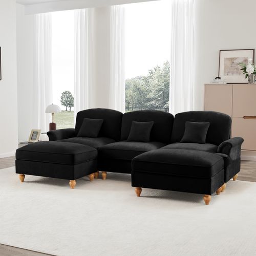 Canapé Modulable U Noir En Chenille Avec Volant Amovible Et Hocker