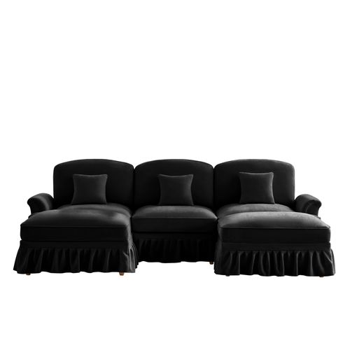 Canapé Modulable U Noir En Chenille Avec Volant Amovible Et Hocker