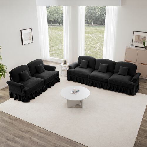 Canapé Modulable 2 Pièces Noir En Chenille – 3 Et 2 Places Avec Volant Amovible