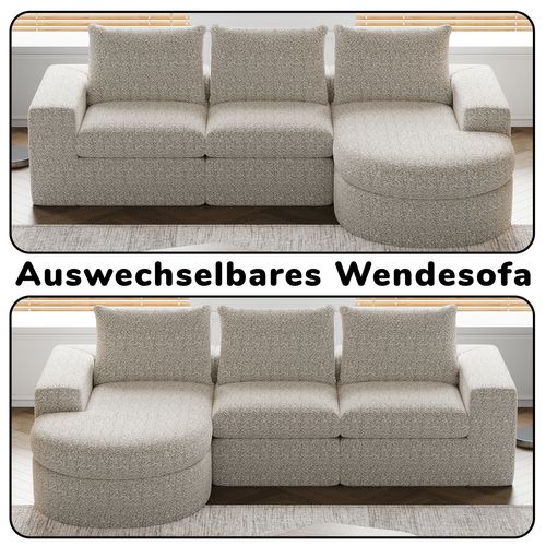 Canapé Modulable En Chenille Avec Chaise Longue Et Coussins Confort, Beige