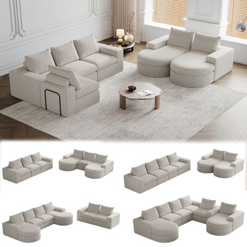 Canapé Modulable En Chenille Avec Chaise Longue Et Coussins Confort, Beige