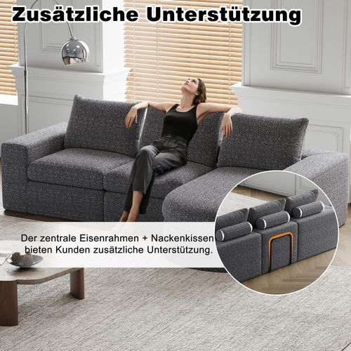 Canapé Modulable En Chenille Gris Avec Chaise Longue Et Coussins Confort