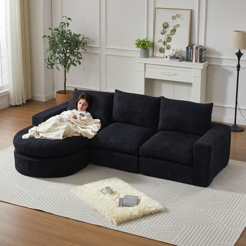 Canapé Modulable En Chenille Noir Avec Chaise Longue Et Coussins Ergonomiques