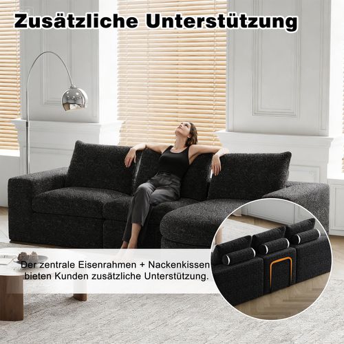 Canapé Modulable En Chenille Noir Avec Chaise Longue Et Coussins Ergonomiques