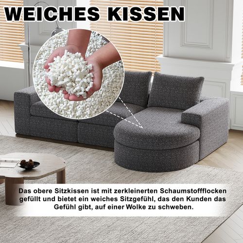 Canapé Modulable En Chenille Gris 2 Pièces Avec Chaise Longue Et Coussins