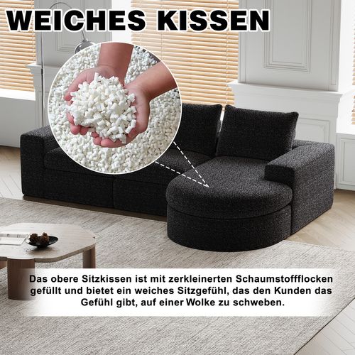 Canapé Modulable En Chenille Noir 2 Pièces Avec Chaise Longue Et Coussins