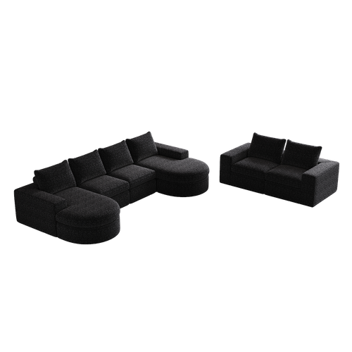 Canapé Modulable En Chenille Noir 2 Pièces Avec Chaise Longue Et Coussins