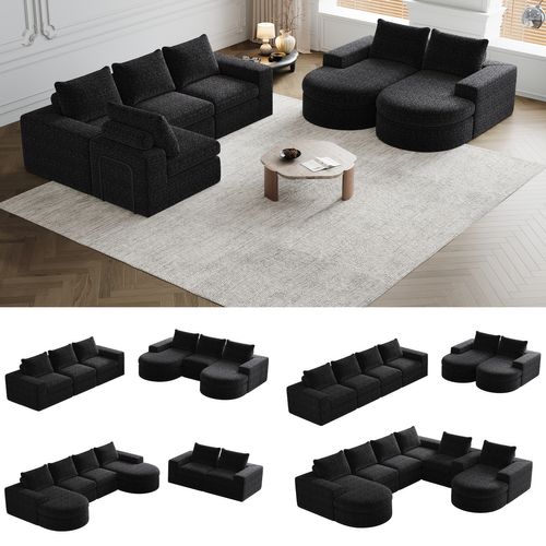 Canapé Modulable En Chenille Noir 2 Pièces Avec Chaise Longue Et Coussins