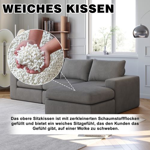 Canapé D’angle L Moderne En Velours Côtelé Avec Chaise Et 3 Coussins, Gris Clair