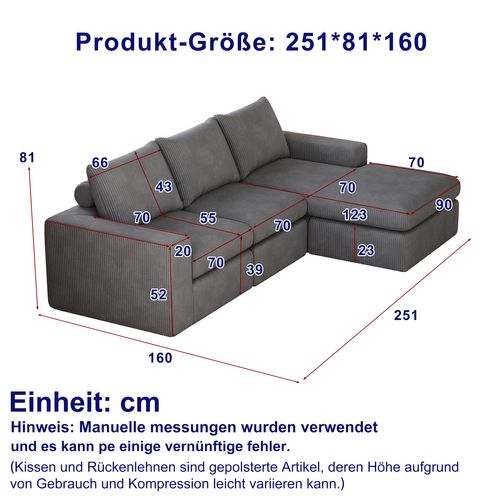 Canapé D’angle L Moderne En Velours Côtelé Avec Chaise Et 3 Coussins, Gris Clair