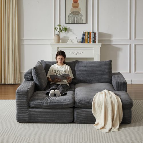 Canapé D’angle L Moderne En Velours Côtelé Avec Chaise Et 3 Coussins, Gris Clair