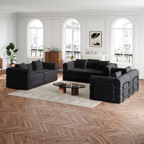 Canapé Modulable 6 Places Noir Avec Rangement Et Cadre Métallique