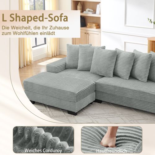 Canapé D’angle L 4 Places Gris En Velours Côtelé, Modulable Avec 6 Coussins