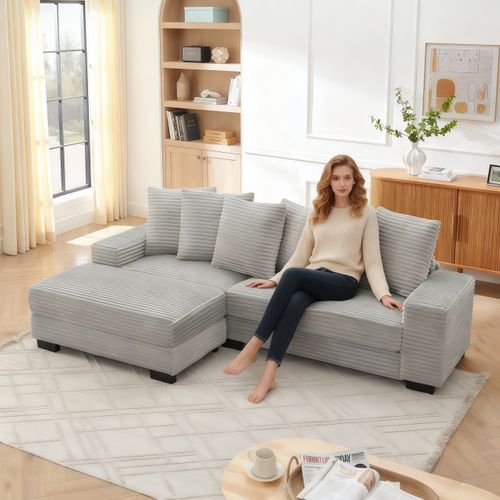 Canapé D’angle L 4 Places Gris En Velours Côtelé, Modulable Avec 6 Coussins