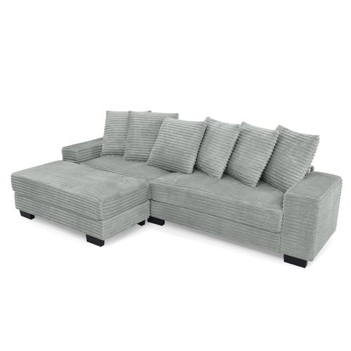 Canapé D’angle L 4 Places Gris En Velours Côtelé, Modulable Avec 6 Coussins