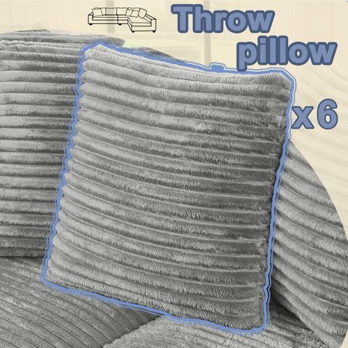 Canapé D’angle L 4 Places Gris En Velours Côtelé, Modulable Avec 6 Coussins