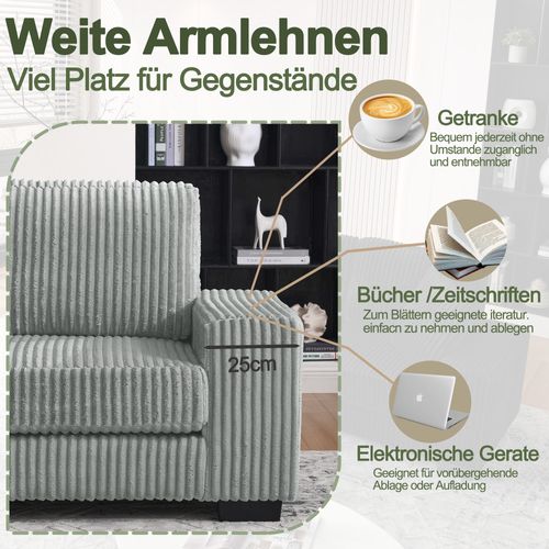 Canapé D’angle L 4 Places Gris En Velours Côtelé Modulable Avec Pouf Ovale Et 2 Coussins