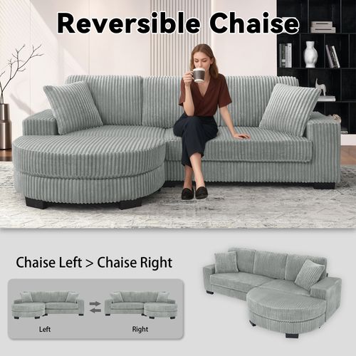 Canapé D’angle L 4 Places Gris En Velours Côtelé Modulable Avec Pouf Ovale Et 2 Coussins