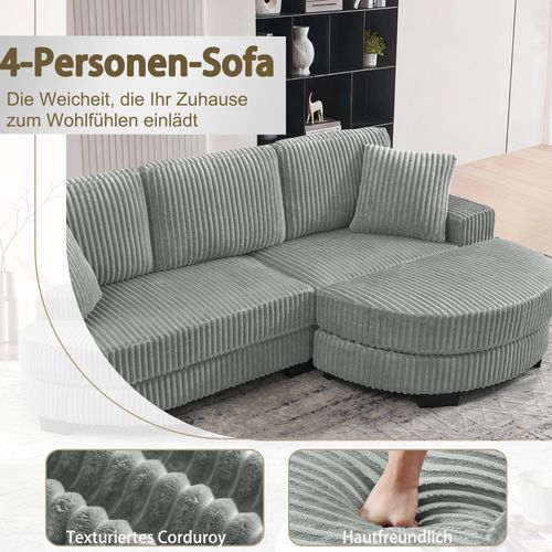 Canapé D’angle L 4 Places Gris En Velours Côtelé Modulable Avec Pouf Ovale Et 2 Coussins