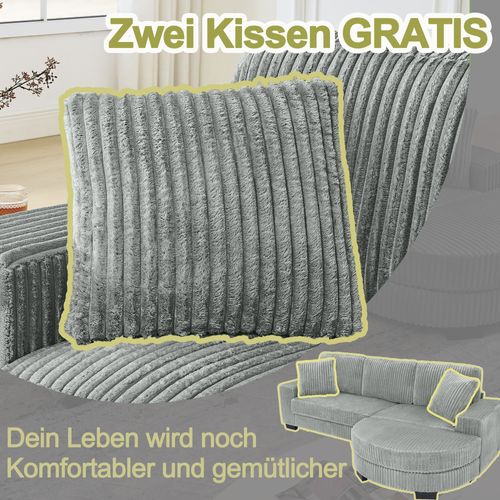 Canapé D’angle L 4 Places Gris En Velours Côtelé Modulable Avec Pouf Ovale Et 2 Coussins