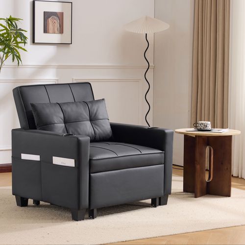 Fauteuil Convertible, 1 Place 3-en-1 Avec Accoudoirs, Porte-gobelets Et Port USB, Noir