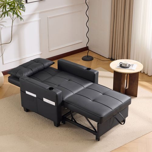 Fauteuil Convertible, 1 Place 3-en-1 Avec Accoudoirs, Porte-gobelets Et Port USB, Noir