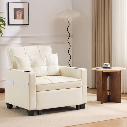 Fauteuil Convertible, 1 Place 3-en-1 Avec Accoudoirs, Porte-gobelets Et Port USB, Blanc